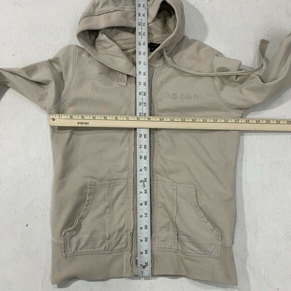 BCBGMaxazria Hoodie Women's Size M Beige Big Snap Buttons Distressed Sweater - Picture 5 of 13